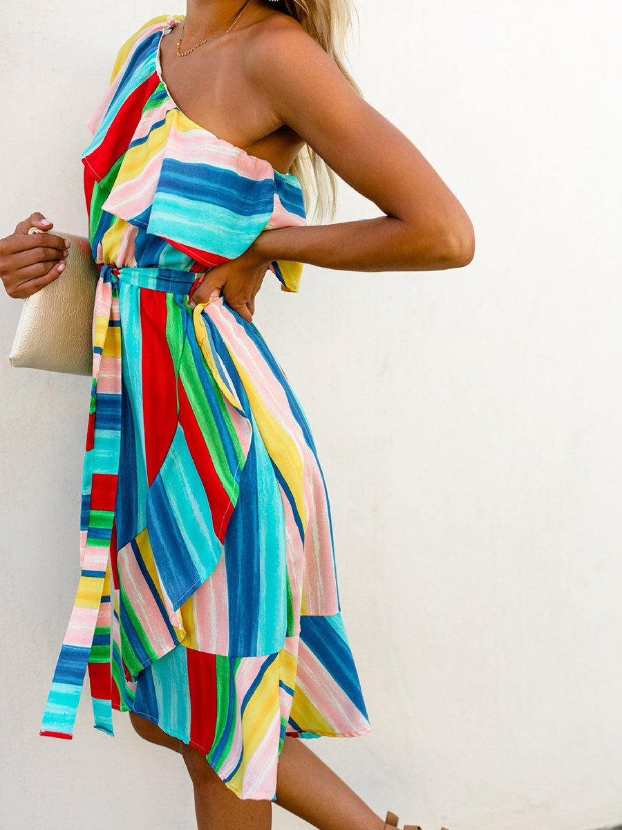 Boho Rainbow Color One-shoulder Dress