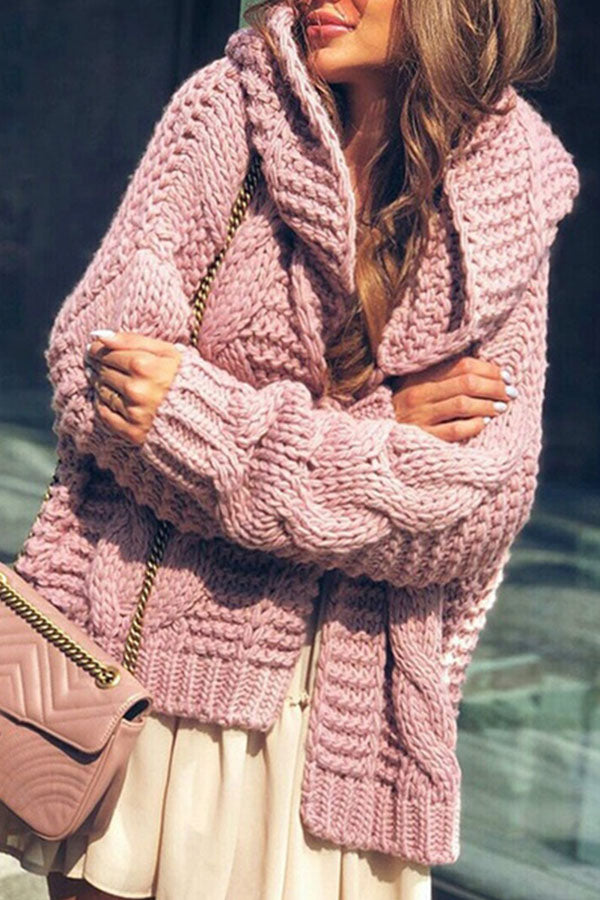 Solid Color Knitted Cardigan Hooded Jacket