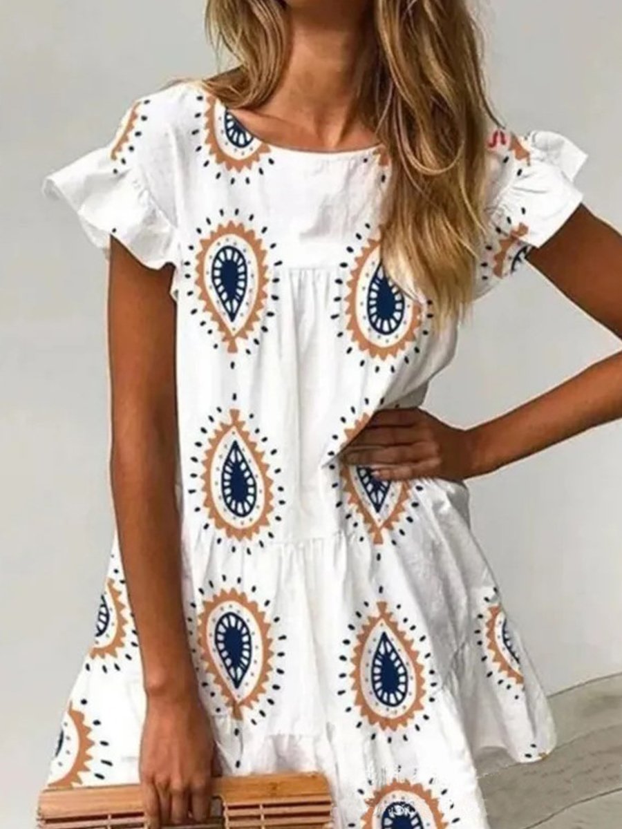 Boho Print Round Neck Puff Sleeve Mini Dress