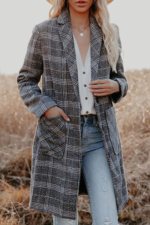 Plaid Lapel Long Sleeve Pocket Midi Boucle Coat