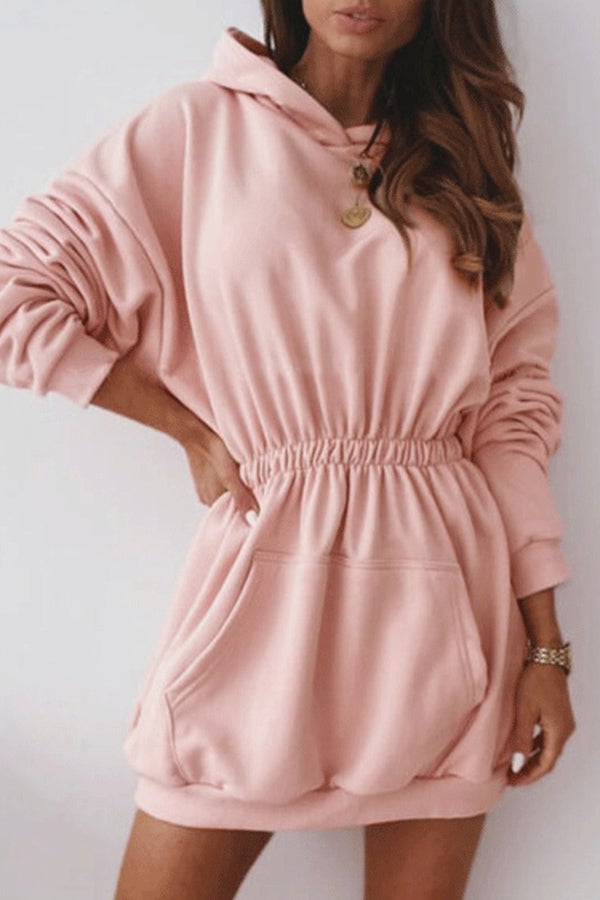 Waist Long Sleeve Fleece Hooded Sweatshirt Dress