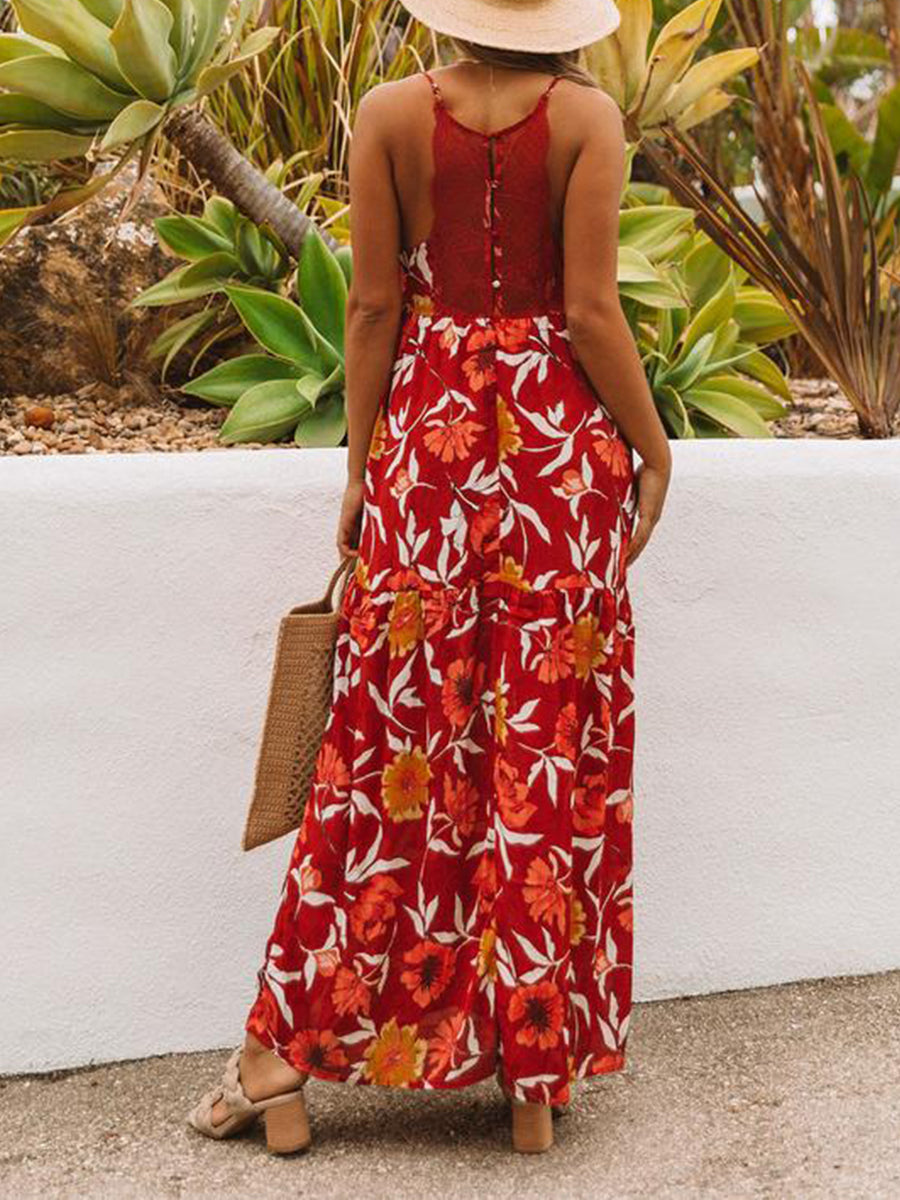Lace Stitching Sling Print Dress