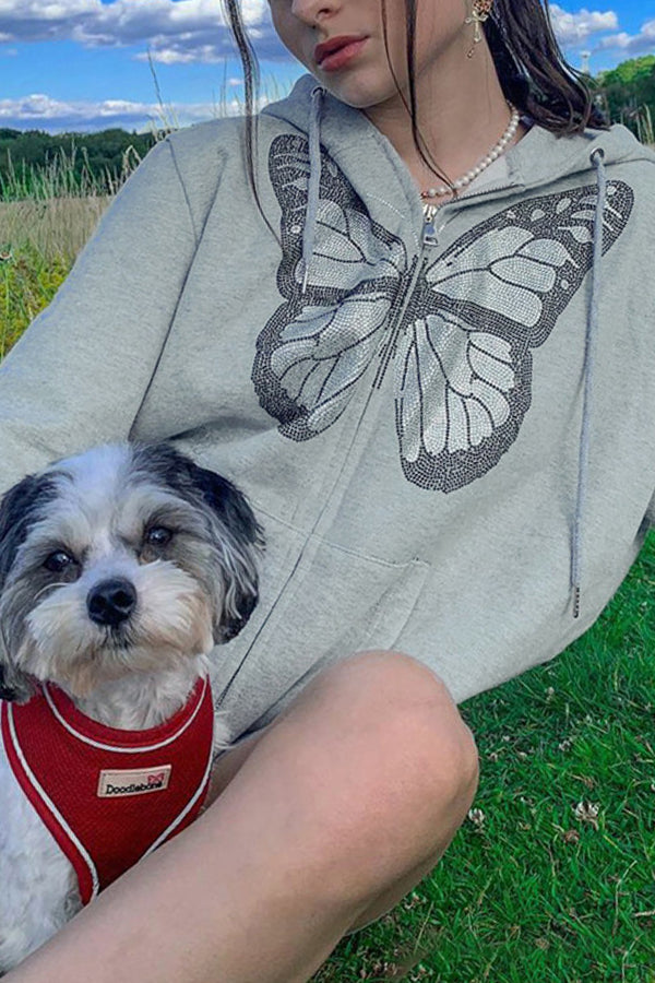 Casual Butterfly Print Zipper Up Hooded Sweatshirt