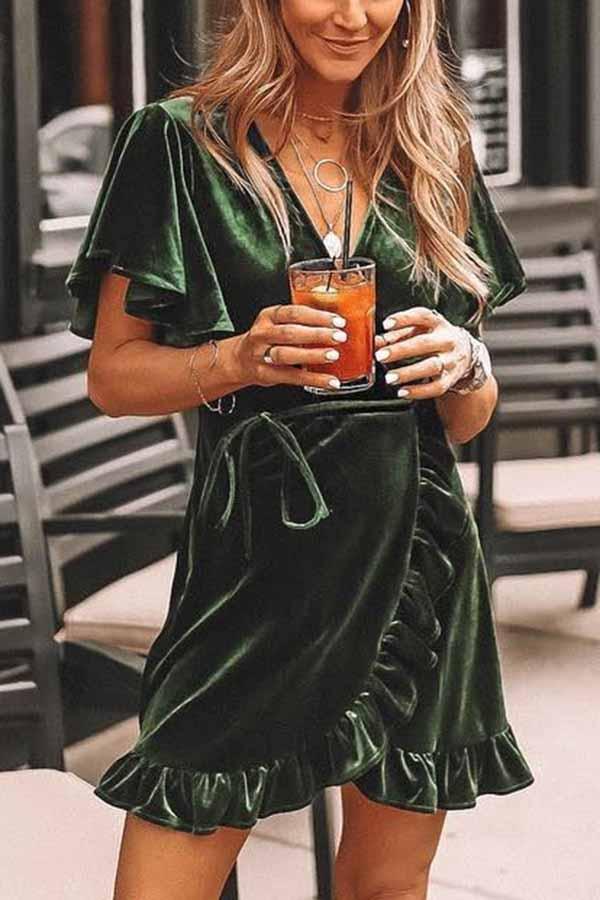 Cute Holiday Velvet Wrap Ruffle Dress