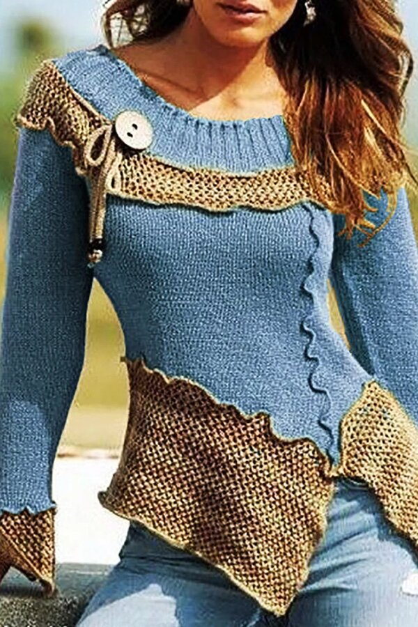 Retro Scoop Neck Patchwork Knit Sweater