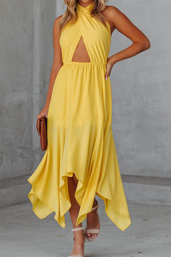 Women's Hollow Halter Neck Backless Midi Dress