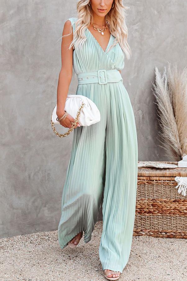 Solid Color Crumpled Sleeveless V-neck Jumpsuit