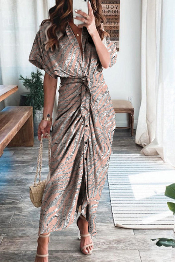Print Satin Pleated Classy Bandage Shirt Dress