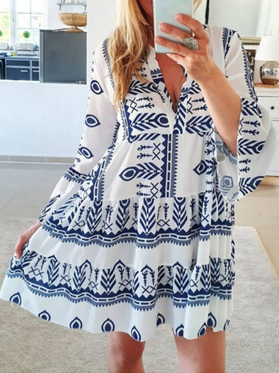Printed Flared Sleeve Mini Dress