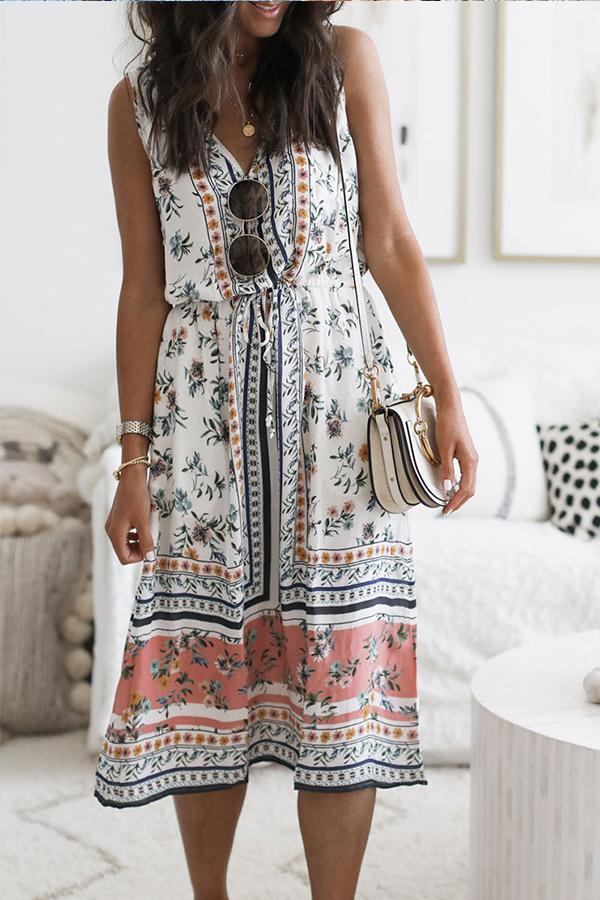 Casual Sleeveless V-Neck Boho Print Midi Dress