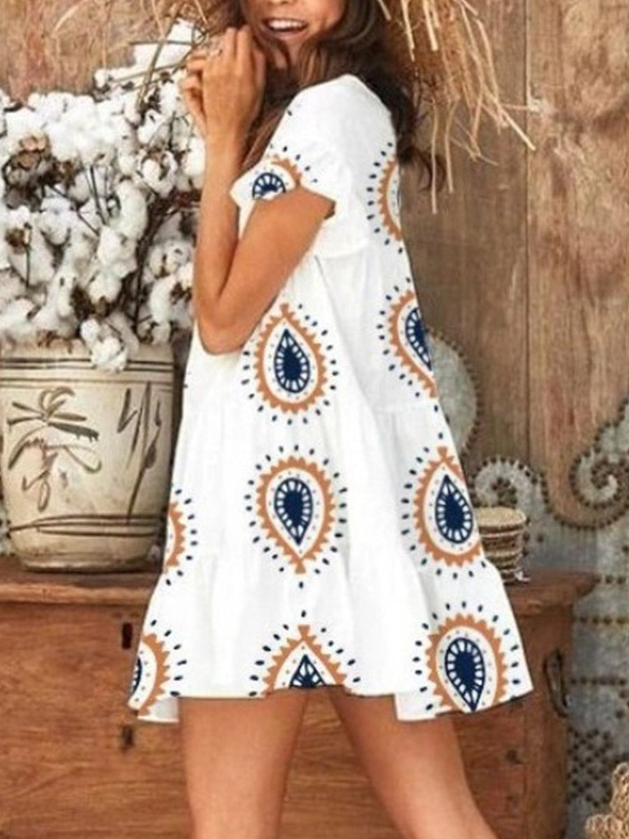 Boho Print Round Neck Puff Sleeve Mini Dress