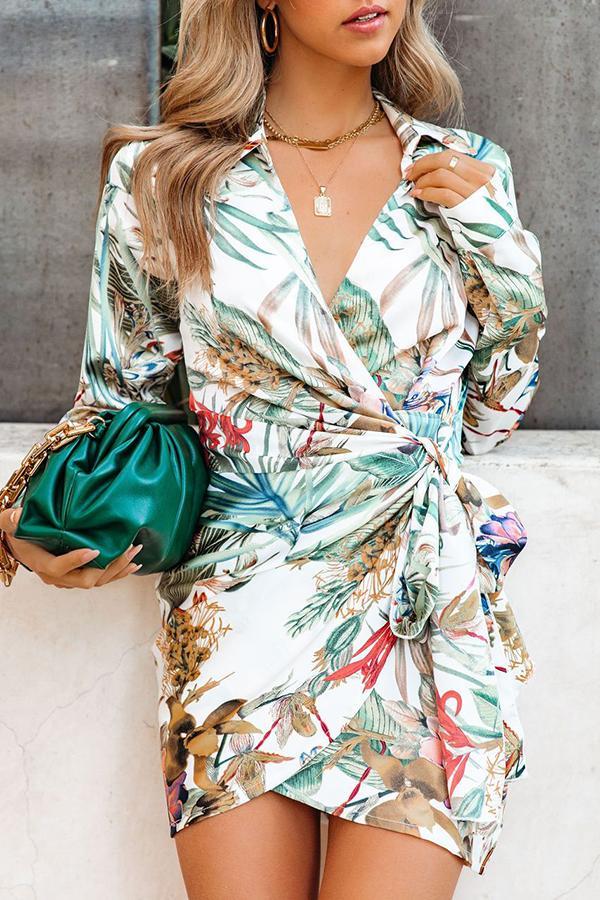 Palm Print Wrap Shirt Dress