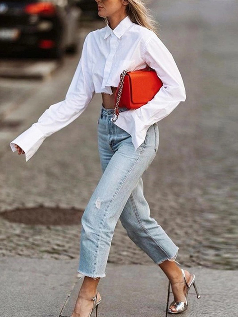 Ultra Short Solid Color Long Sleeve Shirt