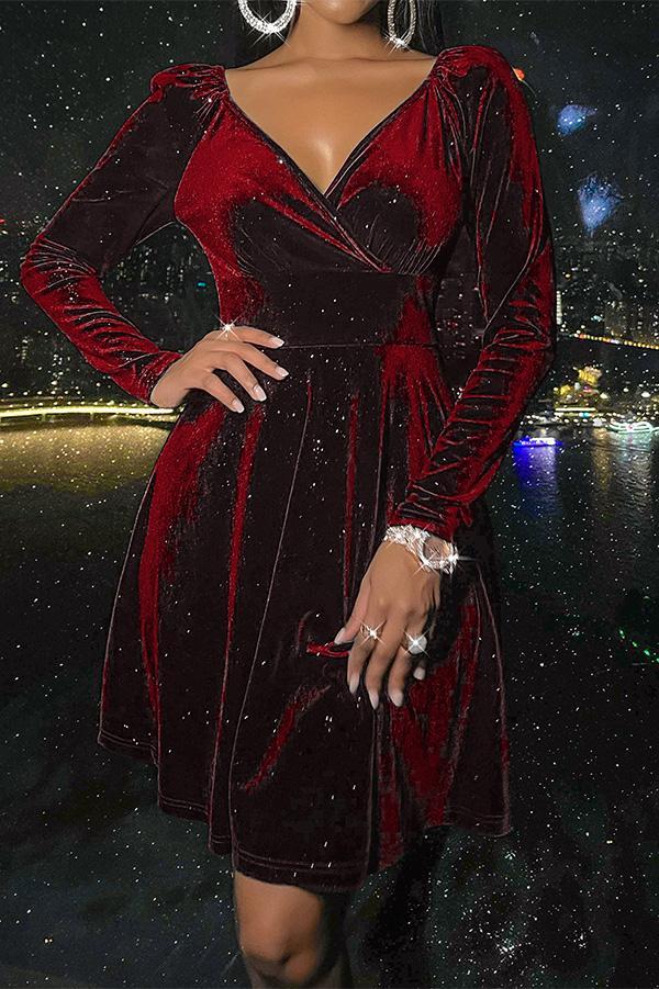 V-neck Velvet Long-sleeved Dress