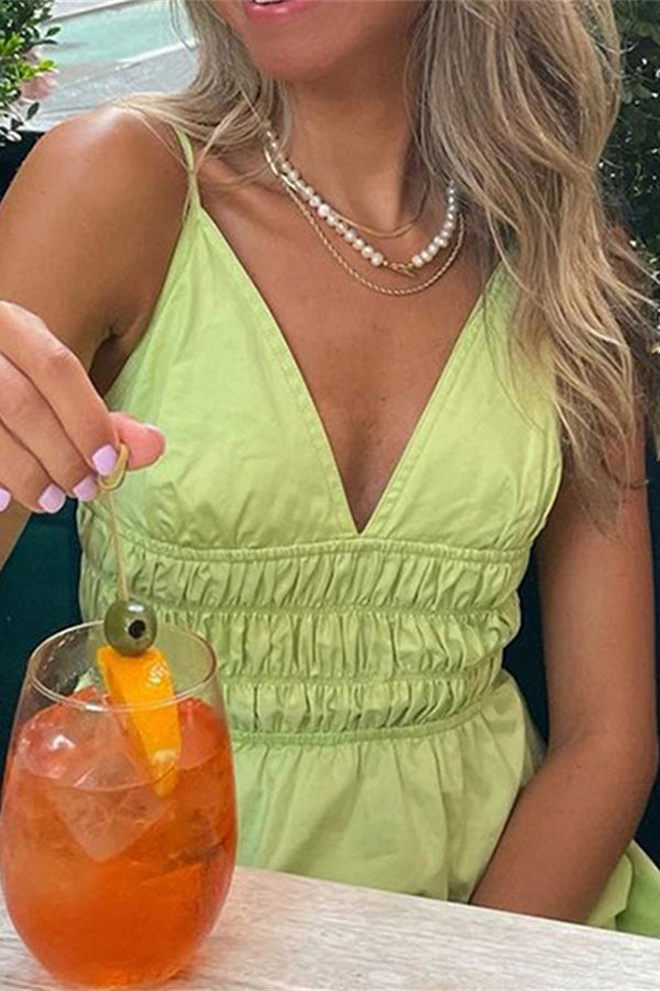 Women's V-neck Sling Solid Color High Waist Dress