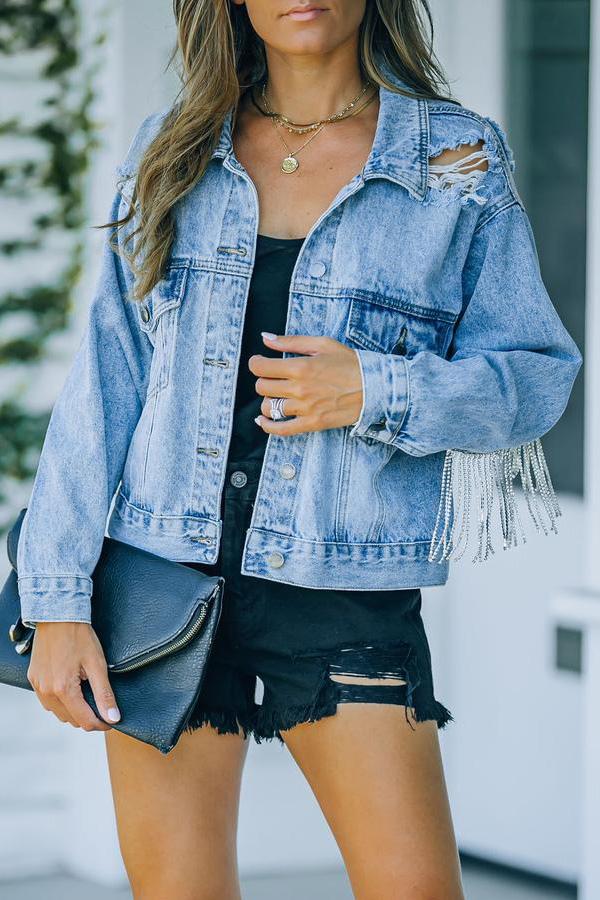 Quentin Rhinestone Fringe Denim Jacket