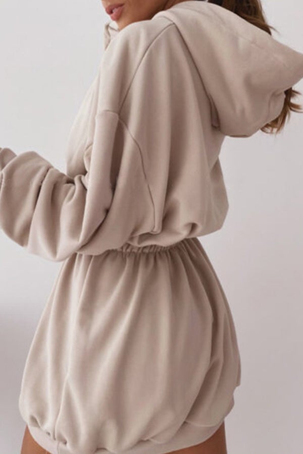 Waist Long Sleeve Fleece Hooded Sweatshirt Dress