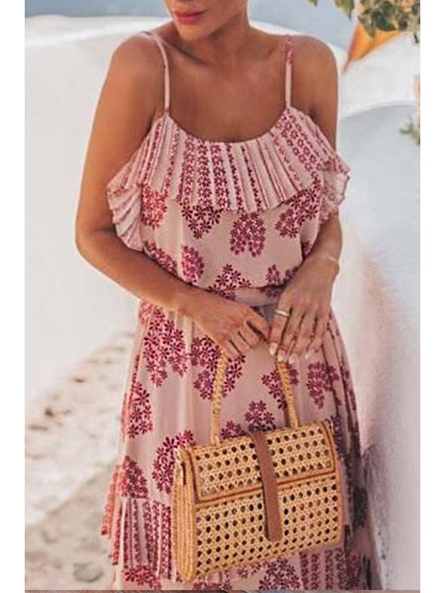 Sweet Floral Print Cascade Sling Dress