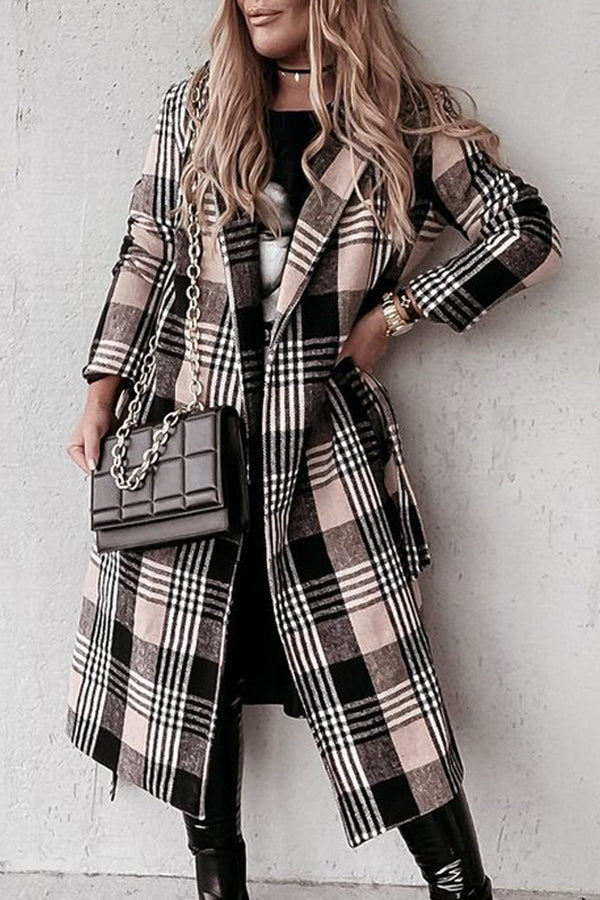 Temperament Lapel Plaid Belt Woolen Coat