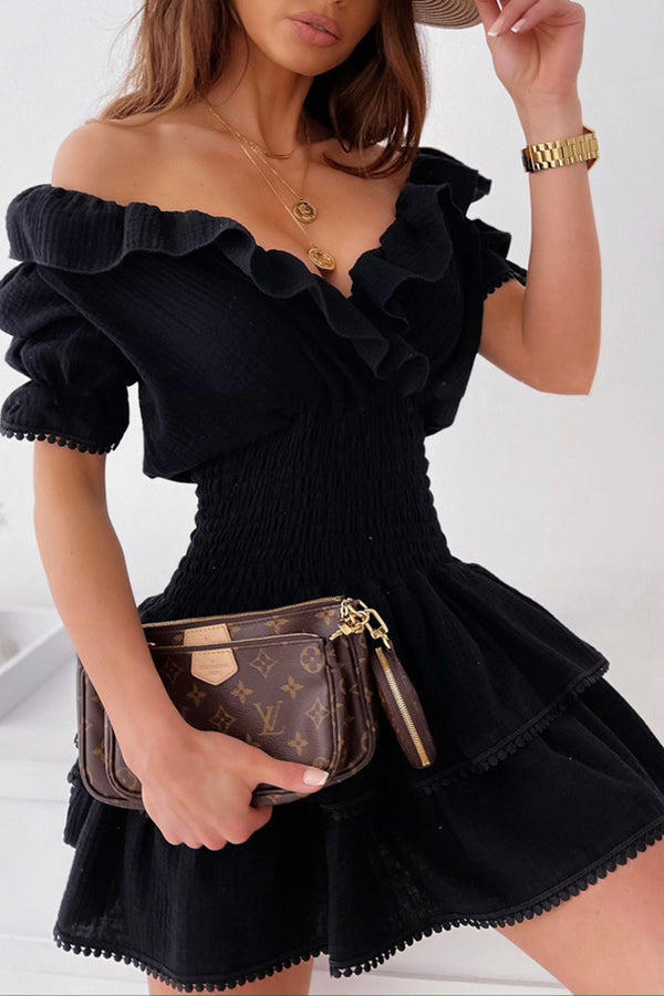 Short Sleeve V-Neck Ruffle Neck Waist Mini Dress