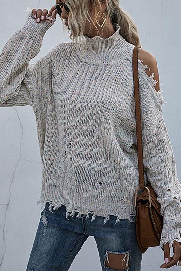 Off-shoulder Ripped Long-sleeved High-neck Knitted Sweater
