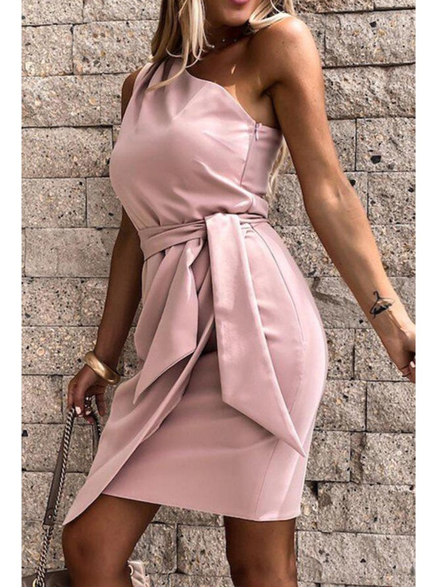 Solid Color One Shoulder Studs Party Dress