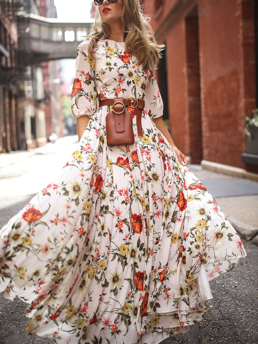 Flower Print Mid-length Sleeve Dress