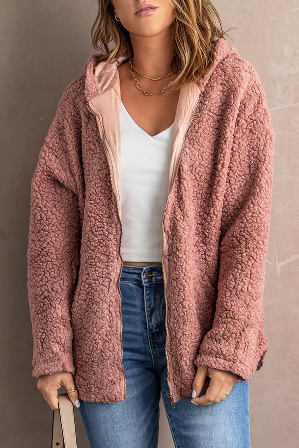 Zip Up Sherpa Hooded Coat with Pocket