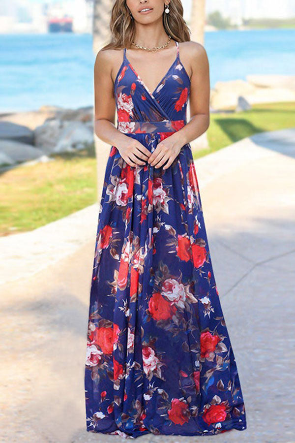 V Neck Waisted Floral Printed Maxi Cami Dress