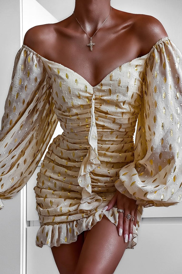 New V-Neck Long Sleeve Pleated Bright Spot Middle Skirt