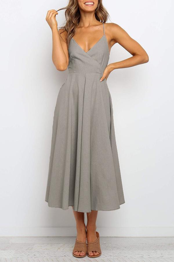 Deep V Neck Sling Midi Dress