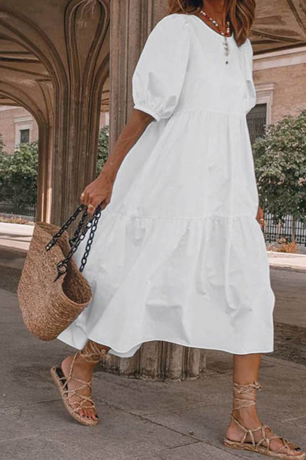Vacation Puff Sleeve Solid Color Dress