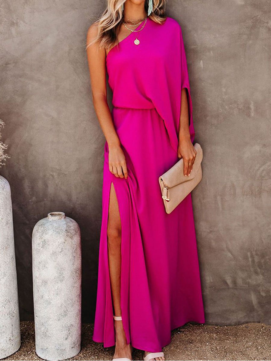 One-shoulder Solid Split Side Maxi Dress