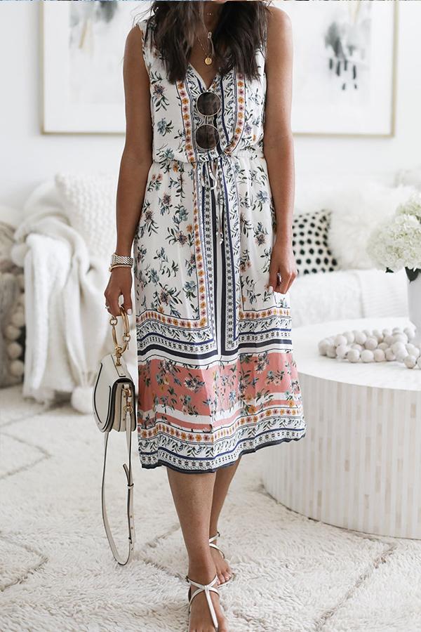 Casual Sleeveless V-Neck Boho Print Midi Dress