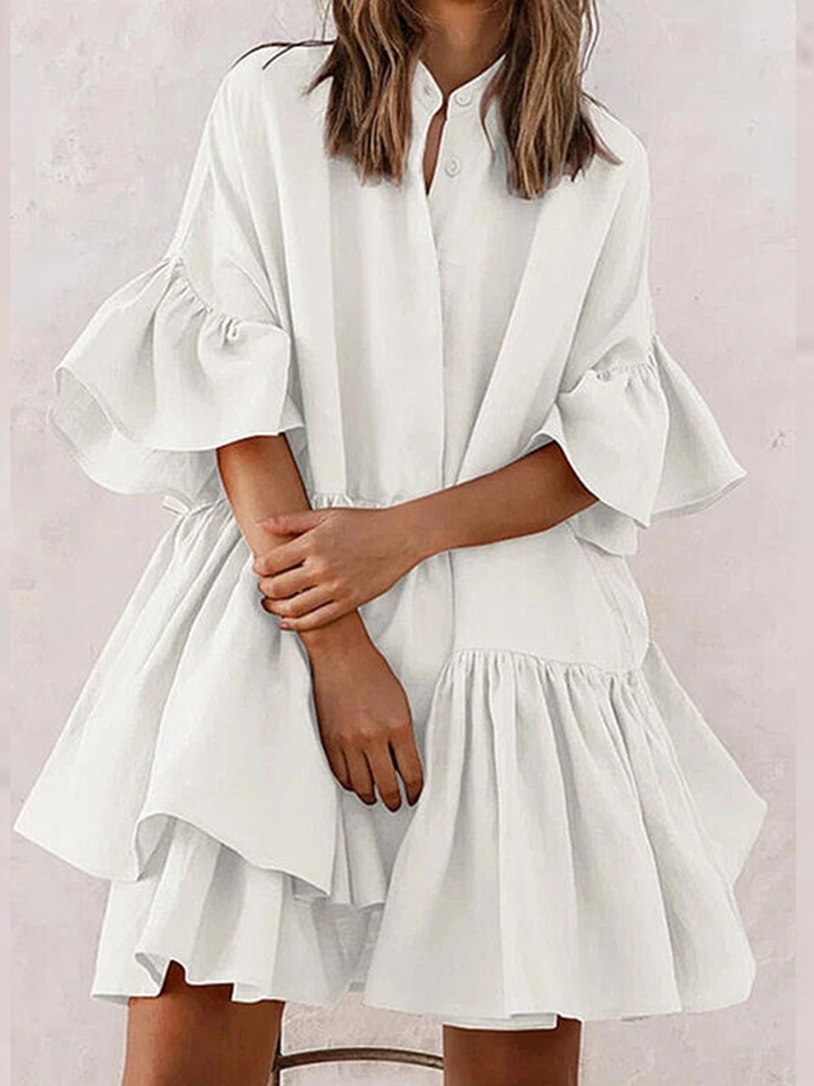 Solid Flared Half-sleeve Pleated Babydoll Dress