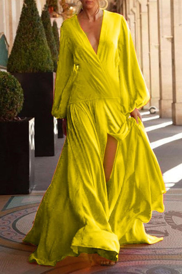 Solid Color V Neck Long Sleeve Dress