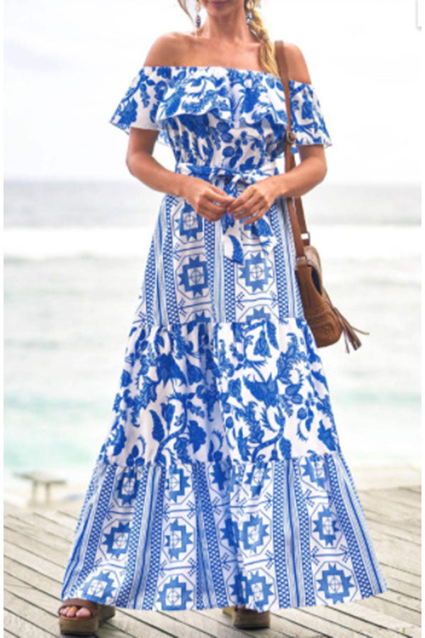 Summer Herringbone Neck High Waist Print Dress