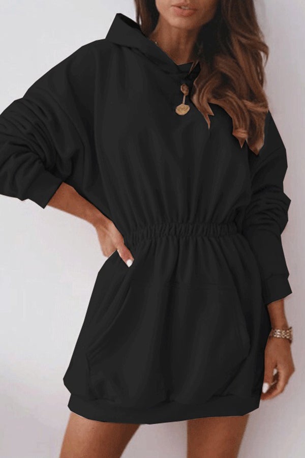 Waist Long Sleeve Fleece Hooded Sweatshirt Dress
