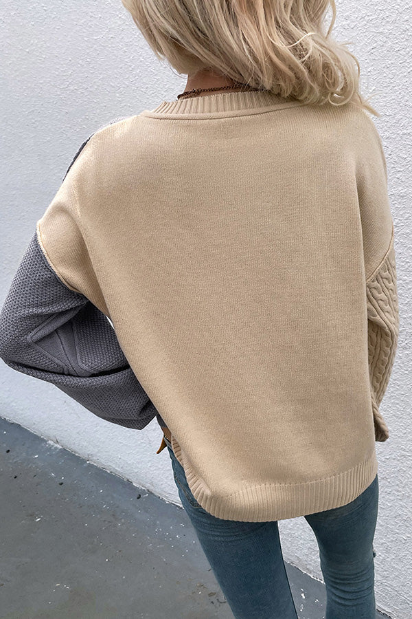 Square Stitching Contrast Color Twist Lantern Sleeve Sweater