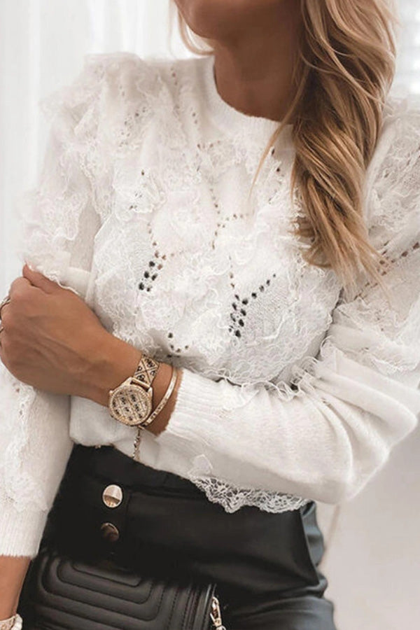 Lace Round Neck Stitching Lace Sweater