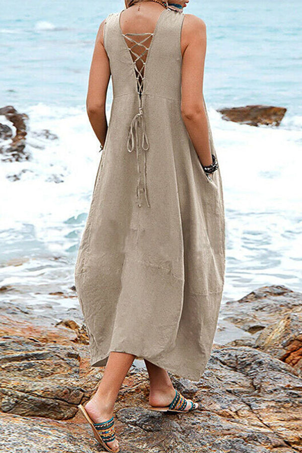 Women's Sleeveless Back-tie V Neck Pocket Loose Dress