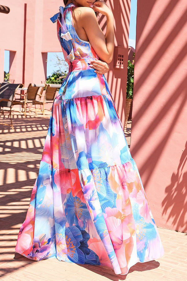 Temperament Halter Neck Sleeveless Print Swing Maxi Dress