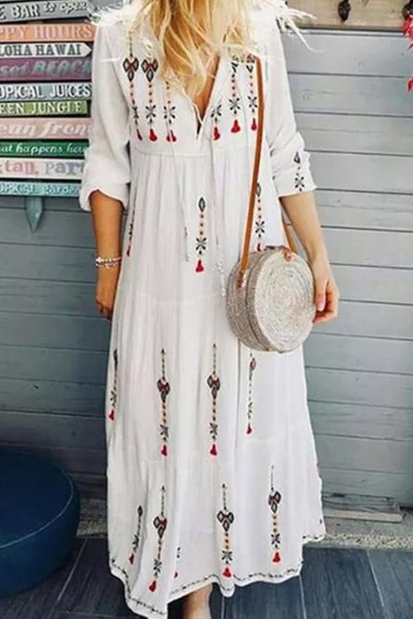 Boho Print V-Neck Long Sleeve Maxi Dress
