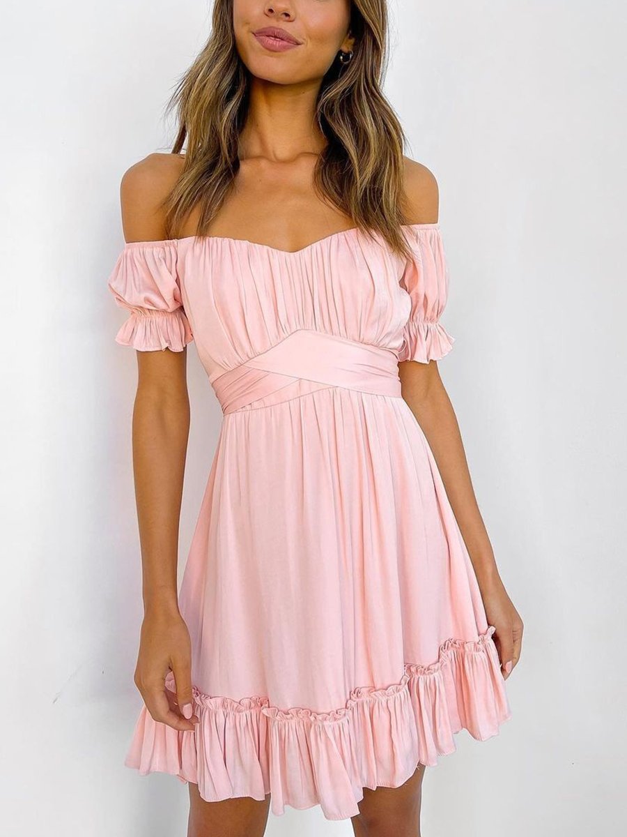 Off-the-shoulder Solid Ruffle Vacation Dress