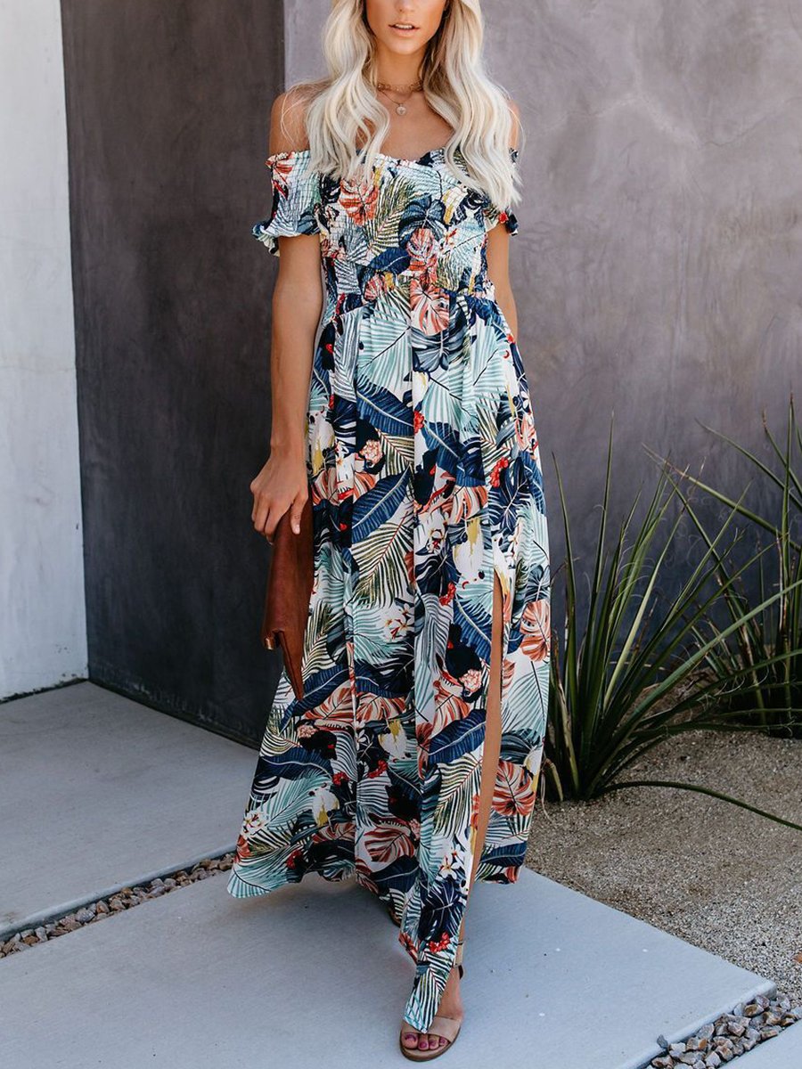 Casual Leaf Print Off Shoulder Wrap Chest Maxi Dress
