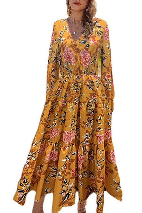 Casual Floral Print V-neck Dress