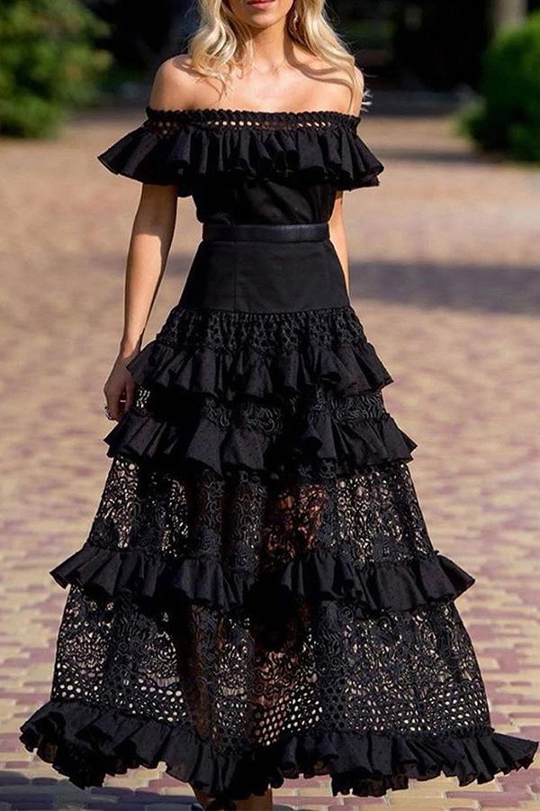 Black Patchwork Lace Cut Out Trendy Boat Neck Elegant Maxi Dress