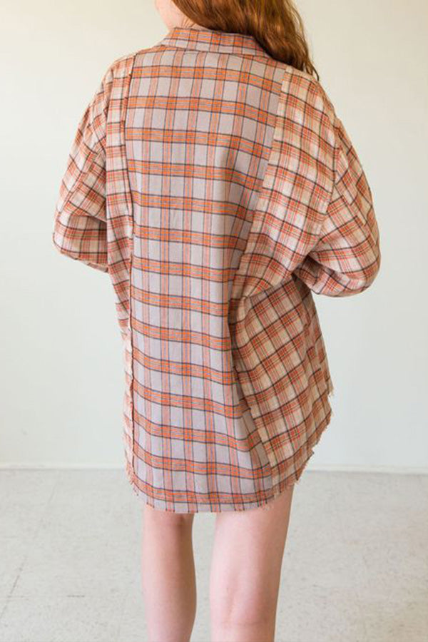 Three-color Stitching Single-breasted Lapel Plaid Shirt