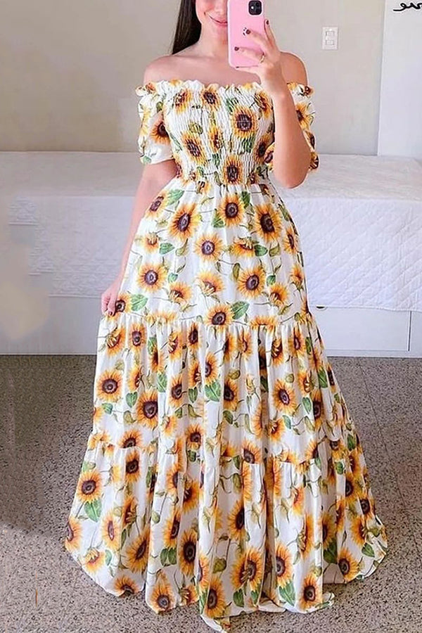 One-shoulder Floral Off-the-shoulder Long Printed Skirt