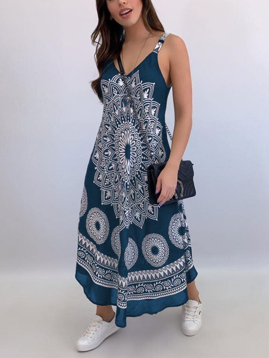 Boho Mandala Print Wide Strap Dress
